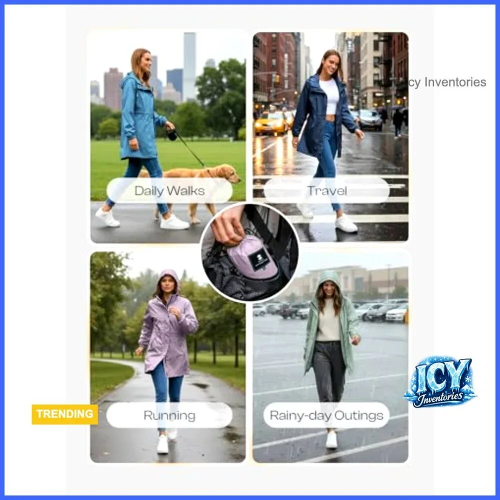 Lightweight Packable Rain Jacket Hooded Trench Coat Polyester